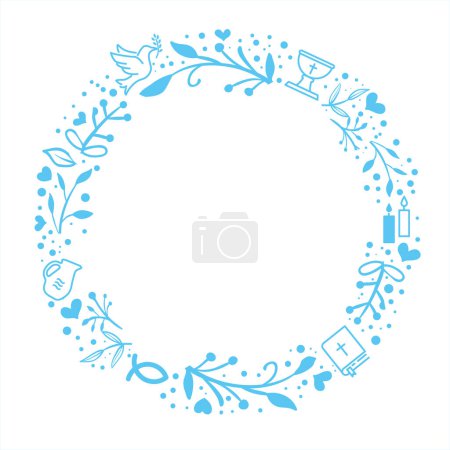 Illustration for Baptism and christening template - Wreath with christian symbols - blue and white - Royalty Free Image