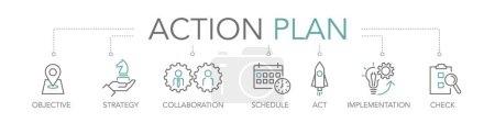 Illustration for Action plan concept. Keywords and editable thin line vector icons two-tone - Royalty Free Image