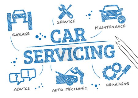 car servicing sketch - vector illustration with accompanying text on white background