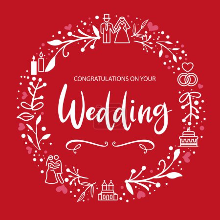 Herzlichen Glückwunsch zu Ihrer Hochzeit - Vektor Illustration Grußkarte auf rotem Hintergrund