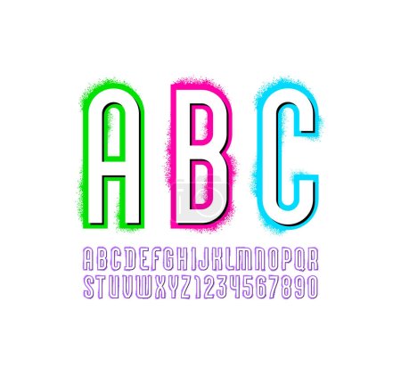 Illustration for Spray graffiti font, colored alphabet, street art letters and numbers, vector illustration 10EPS - Royalty Free Image