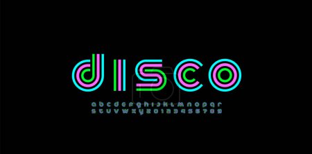 Modern stylized striped font, minimalistic trendy alphabet made disco style, graphic bright letters and numerals, vector illustration 10EPS