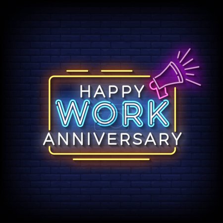 Neon Sign happy work anniversary with brick wall background vector