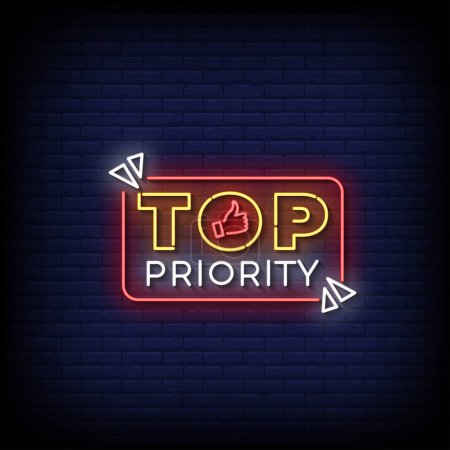 Téléchargez les illustrations : Neon Sign top priority with brick wall background vector - en licence libre de droit