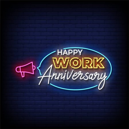 happy work anniversary neon sign with brick wall background, vector illustration