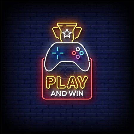 Illustration for Play and win neon sign with brick wall background, vector illustration - Royalty Free Image