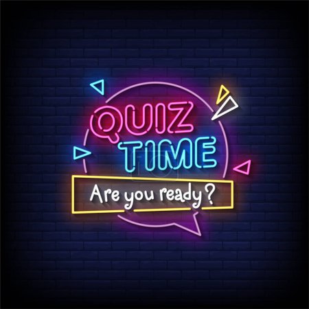 quiz time neon sign with brick wall background, vector illustration