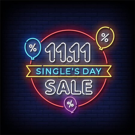 Illustration for Singles day sale neon sign with brick wall background, vector illustration - Royalty Free Image