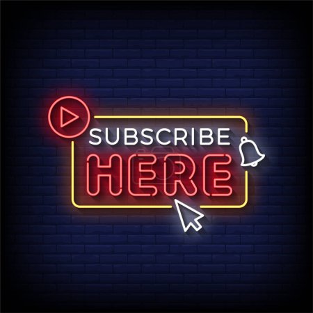Illustration for Neon Sign subscribe here with brick wall background vector - Royalty Free Image