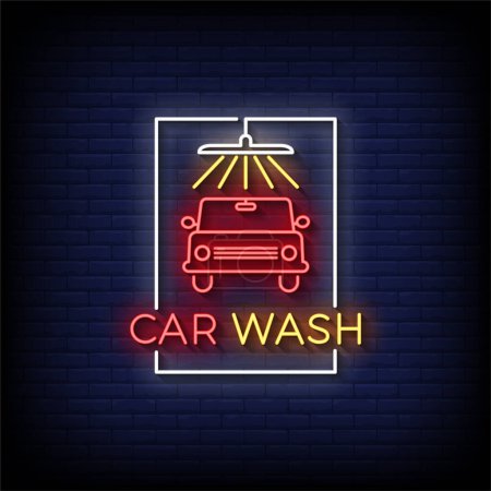 Téléchargez les illustrations : Neon Sign lavage de voiture avec vecteur de fond mural en brique - en licence libre de droit