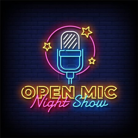 Illustration for Neon Sign open mic night show with brick wall background vector - Royalty Free Image