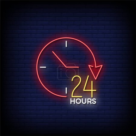 Illustration for 24 Hours Neon Sign with brick wall background vector - Royalty Free Image