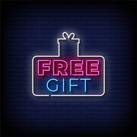 Téléchargez les illustrations : Cadeau gratuit néon signe avec mur de briques vecteur de fond - en licence libre de droit