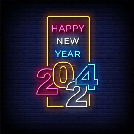 Illustration for Happy New Year 2024 Neon Sign with brick wall background vector - Royalty Free Image