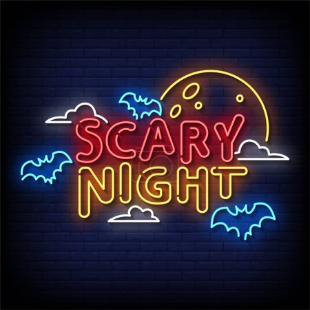 Ilustración de Scary Night Neon Sign con vector de fondo de pared de ladrillo - Imagen libre de derechos