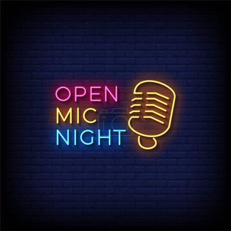 Illustration for Open Mic Night Neon Sign with brick wall background vector - Royalty Free Image