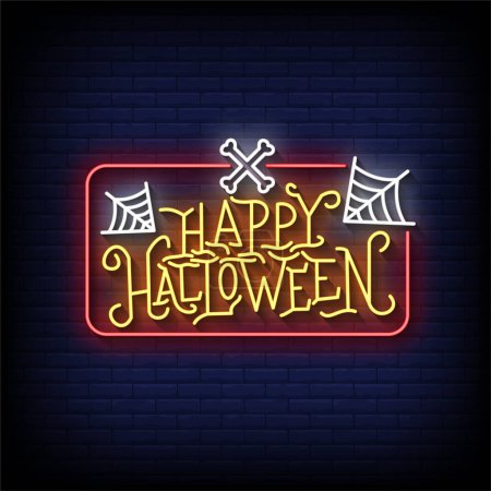 Téléchargez les illustrations : Joyeux Halloween néon signe avec mur de briques vecteur de fond - en licence libre de droit
