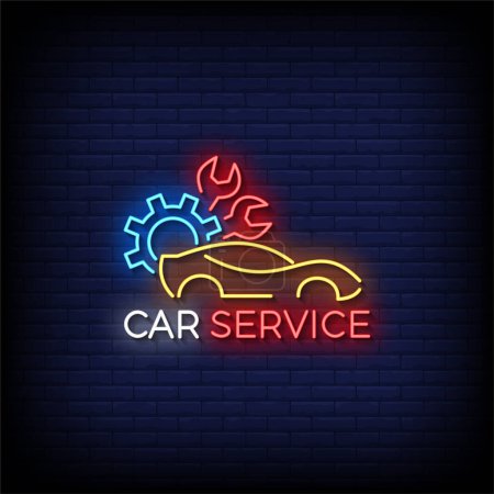 Téléchargez les illustrations : Service de voiture néon signe avec mur de briques vecteur arrière-plan - en licence libre de droit