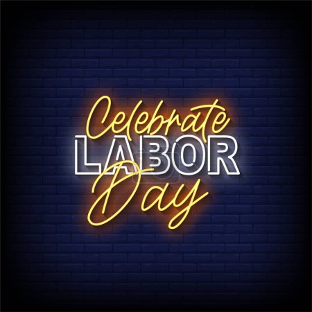 Ilustración de Celebre el Día del Trabajo Neon Sign con el vector de fondo de pared de ladrillo - Imagen libre de derechos