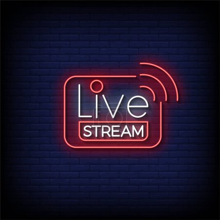 Téléchargez les illustrations : Live Stream néon signe avec mur de briques arrière-plan vecteur - en licence libre de droit