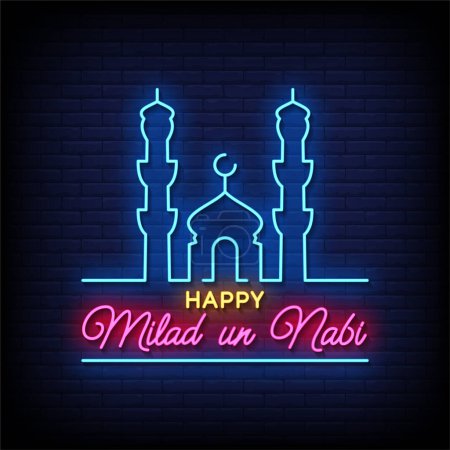 Illustration for Happy Milad Nabi Neon Sign with brick wall background vector - Royalty Free Image