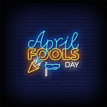 Téléchargez les photos : Avril Fools Day néon signe avec mur de briques vecteur arrière-plan - en image libre de droit