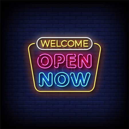 Téléchargez les illustrations : Bienvenue Ouvrez maintenant Neon Sign avec vecteur de fond de mur de briques - en licence libre de droit