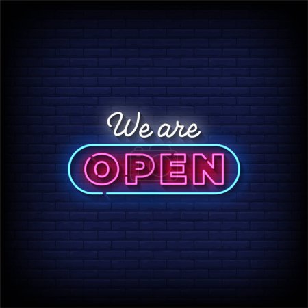 Illustration for We Are Open Neon Sign with brick wall background vector - Royalty Free Image