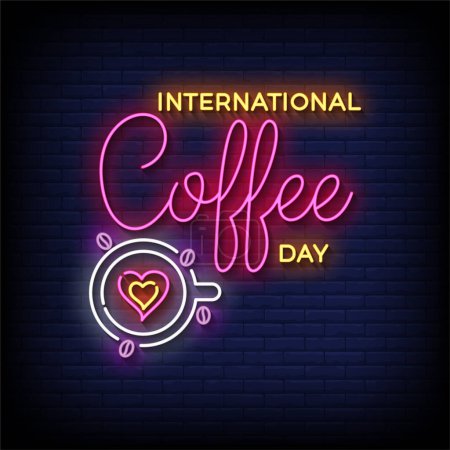 Téléchargez les illustrations : Journée internationale du café néon signe avec mur de briques vecteur de fond - en licence libre de droit