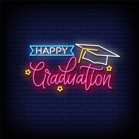 Illustration for Happy graduate neon sign on brick wall. - Royalty Free Image