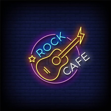 Téléchargez les illustrations : Rock bar néon signe avec guitare avec étoile et texte - en licence libre de droit