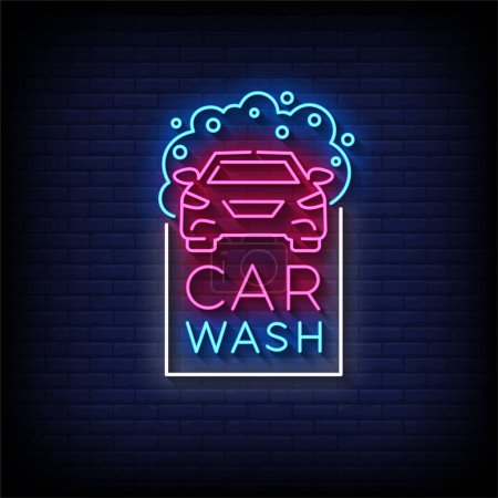 Téléchargez les illustrations : Icône de voiture de lavage au néon lumineux isolé sur fond de mur de briques. service de lavage de voiture. icône de goutte d'eau. vecteur - en licence libre de droit