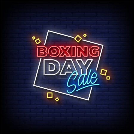 Illustration for Boxing day sale neon text sign on brick wall background, design for banner. vector illustration. - Royalty Free Image