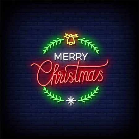 Illustration for Merry christmas neon lettering on dark background - Royalty Free Image