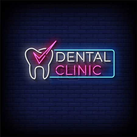 Téléchargez les illustrations : Neon Sign dental clinic with brick wall background, vector illustration - en licence libre de droit