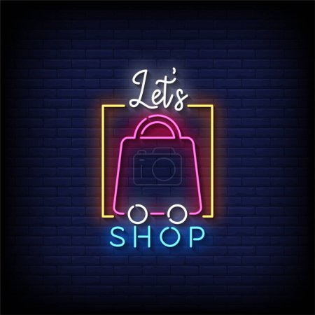 Illustration for Neon Sign let's shop with brick wall background, vector illustration - Royalty Free Image