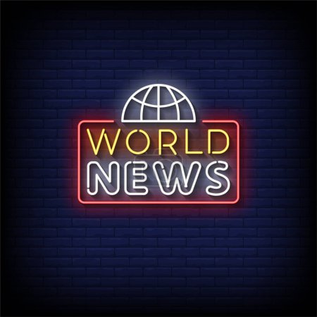 Téléchargez les illustrations : Neon Sign world news with brick wall background, vector illustration - en licence libre de droit