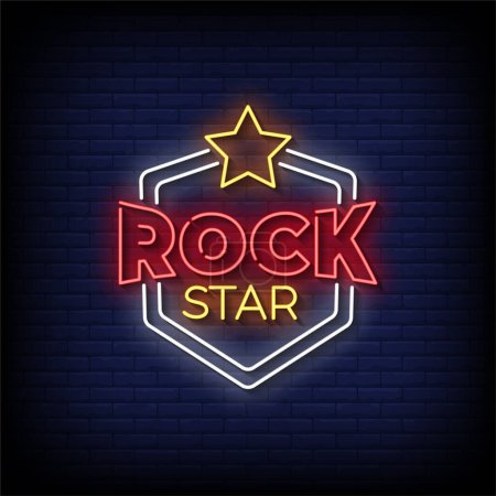 Téléchargez les illustrations : Neon Sign rock star with brick wall background, vector illustration - en licence libre de droit