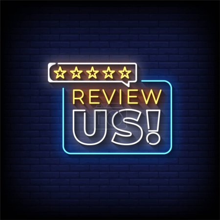 Illustration for Neon Sign review us with brick wall background, vector illustration - Royalty Free Image