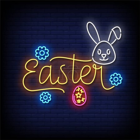 Illustration for Neon Sign easter with brick wall background, vector illustration - Royalty Free Image
