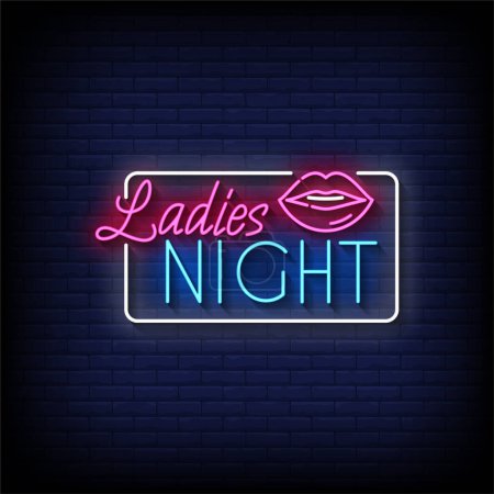 Illustration for Neon Sign ladies night with brick wall background, vector illustration - Royalty Free Image