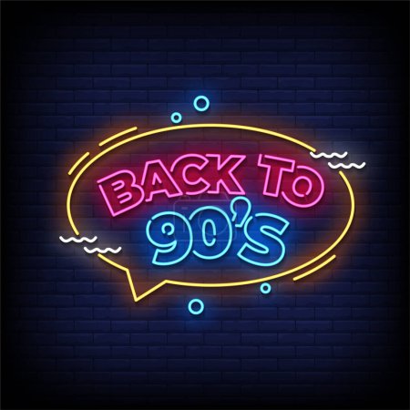 Illustration for Neon Sign back to 90s with brick wall background, vector illustration - Royalty Free Image
