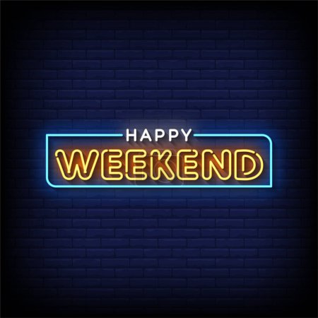 Illustration for Neon Sign happy weekend with brick wall background, vector illustration - Royalty Free Image