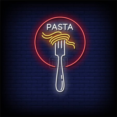Illustration for Neon Sign pasta with brick wall background, vector illustration - Royalty Free Image