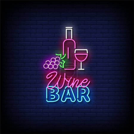 Téléchargez les illustrations : Bar à vin Neon Sign avec fond mural en brique, illustration vectorielle - en licence libre de droit