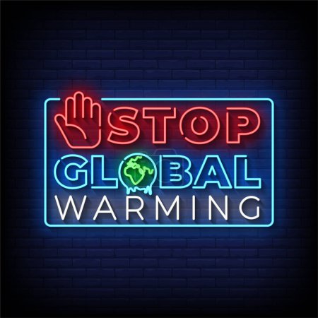 Ilustración de Neon Sign detiene el calentamiento global con fondo de pared de ladrillo, ilustración vectorial - Imagen libre de derechos
