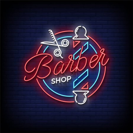 Illustration for Neon Sign barber shop with brick wall background, vector illustration - Royalty Free Image