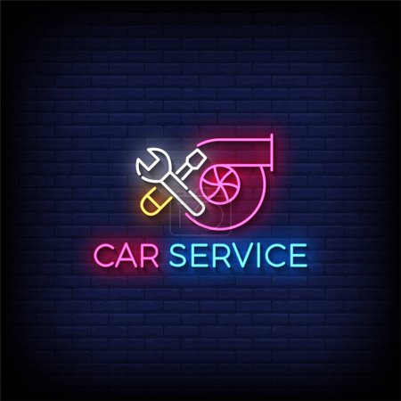 Téléchargez les illustrations : Service de voiture Neon Sign avec fond mural en brique, illustration vectorielle - en licence libre de droit
