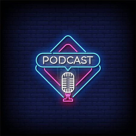 Illustration for Neon Sign podcast with brick wall background, vector illustration - Royalty Free Image