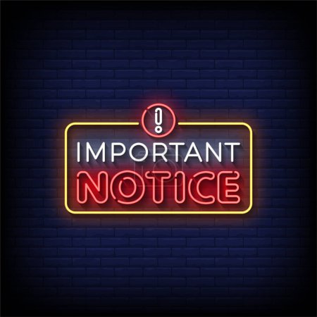 Illustration for Neon Sign important notice with brick wall background, vector illustration - Royalty Free Image